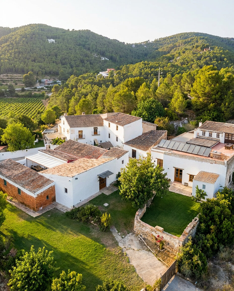 Aerial view of the historic 500-year-old stone masia estate