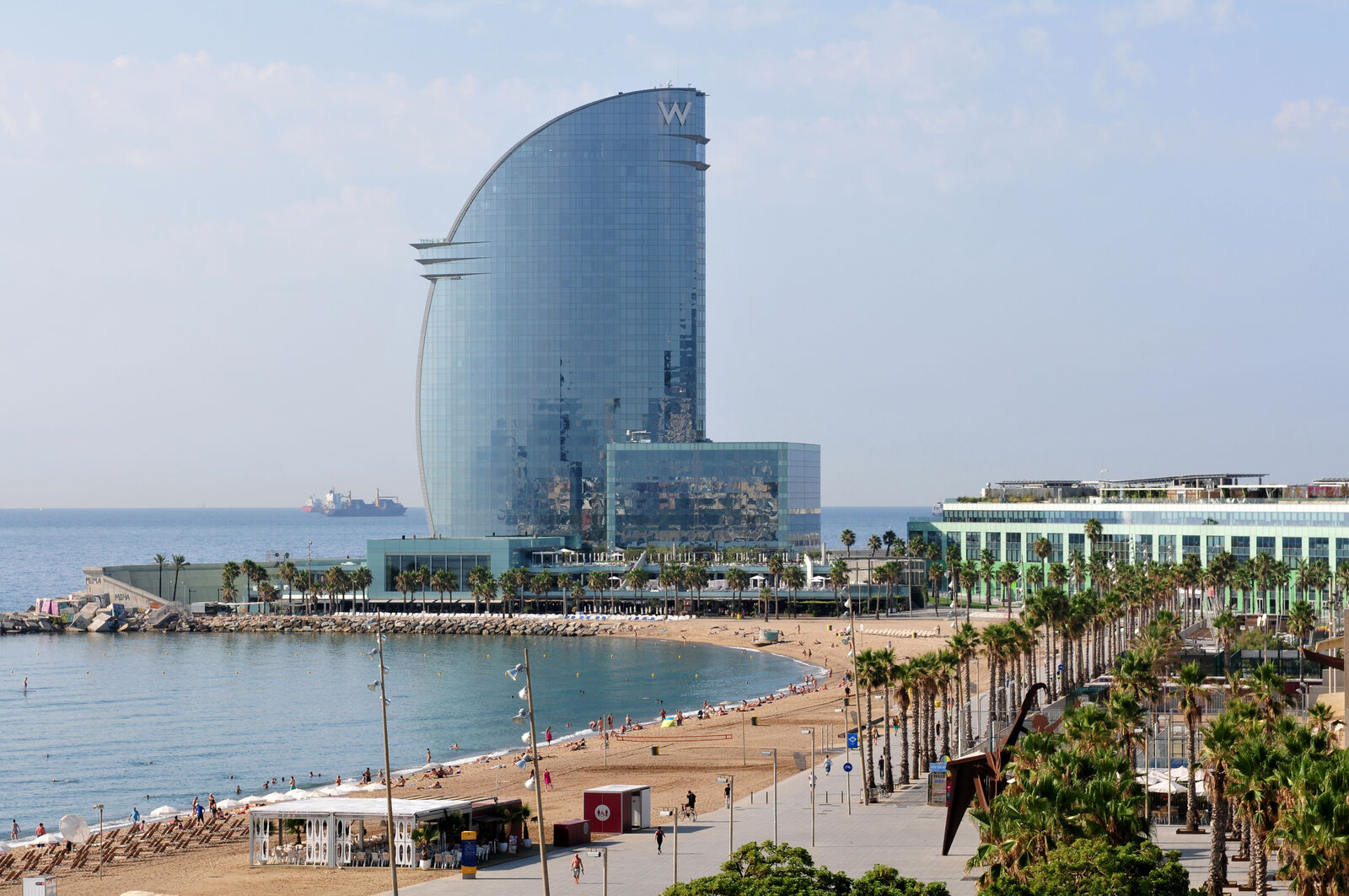 Barcelona coastline and the W Hotel from Barceloneta beach